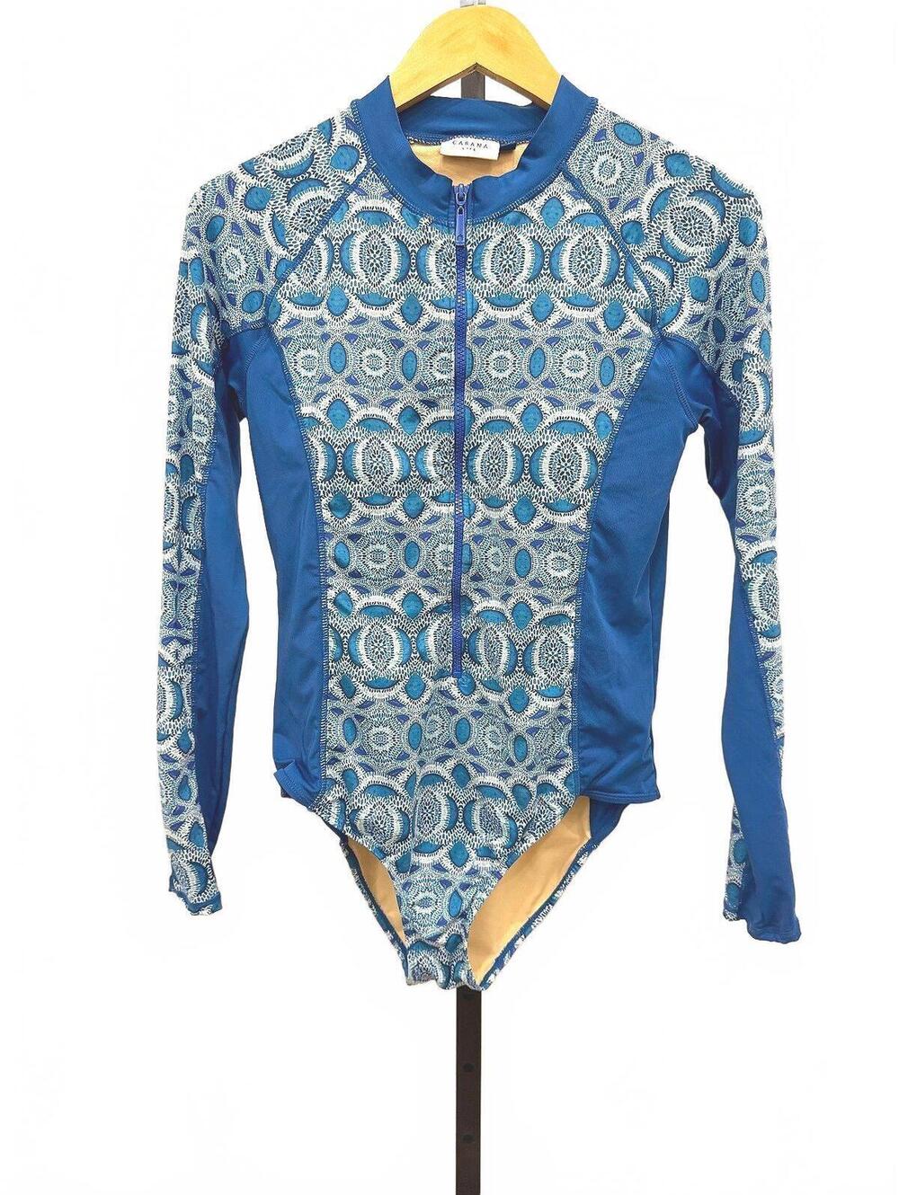Cabana Life Women's Long Sleeve One-Piece Swimsuit Size Large Blue Pattern